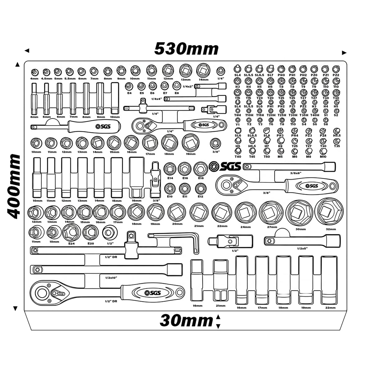 SGS 180pc Socket and Bit Set | 1/4in, 3/8in, 1/2in | Foam Insert